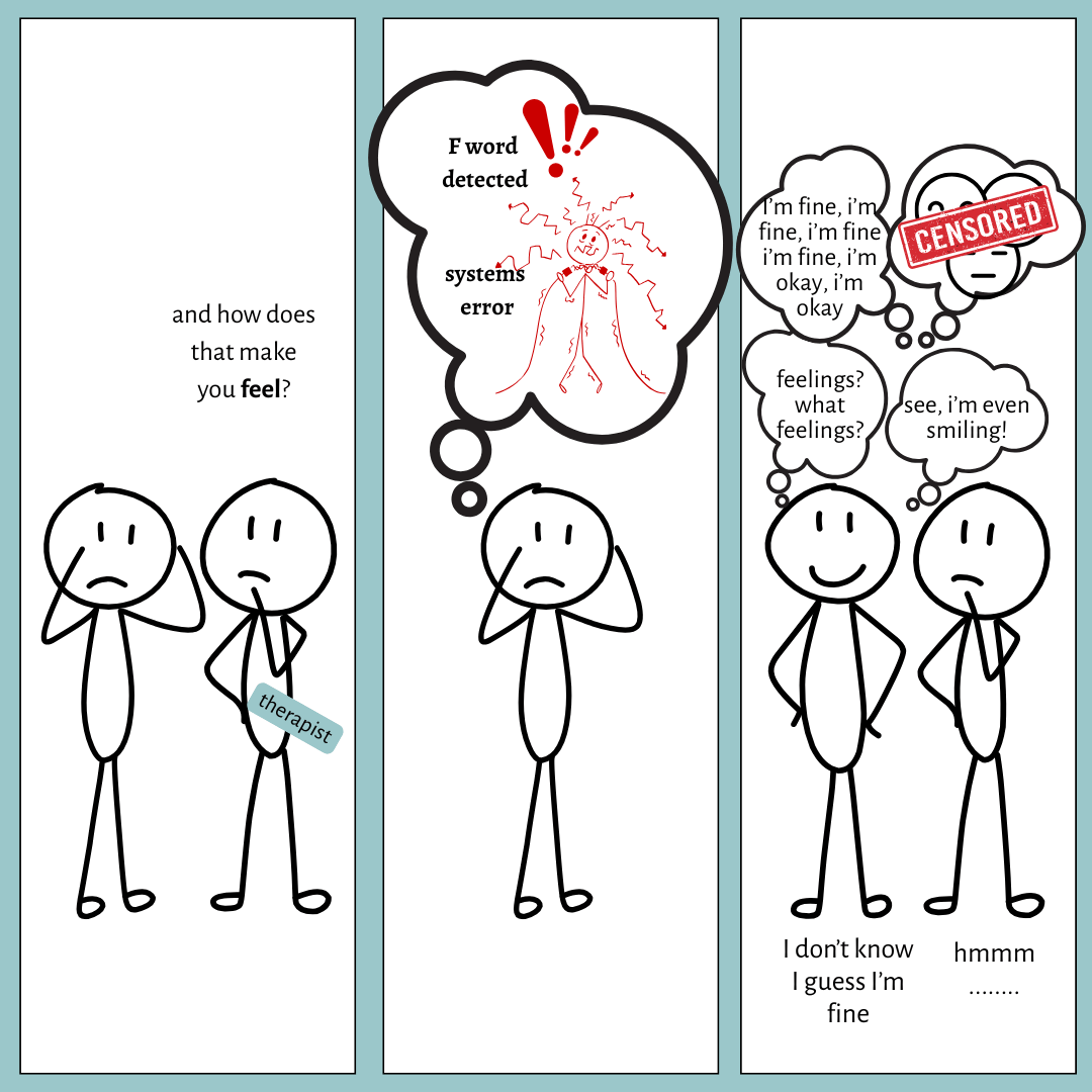 illustration showing a person having difficulty talking about his feelings in therapy
